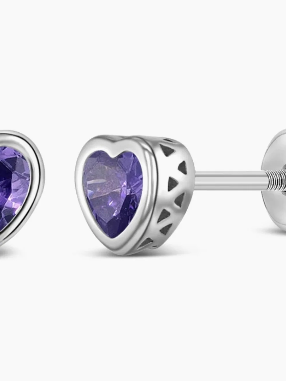 Sterling Silver Heart Stud Earrings with Purple Gemstone - Kids
